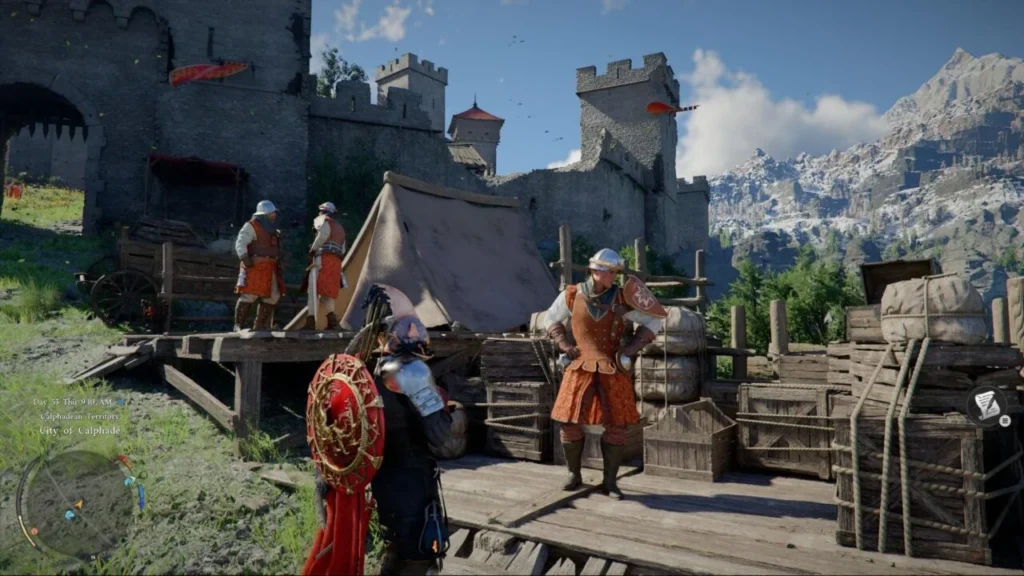 Рыцарь разговаривает со стражником у замка в горах