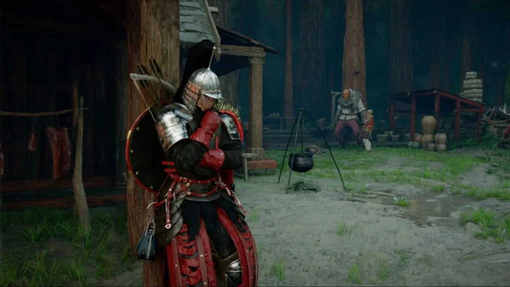 Воин в красных доспехах стоит в лагере