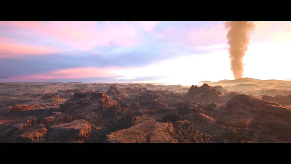 Пустынный каньон на закате, столб дыма вдали