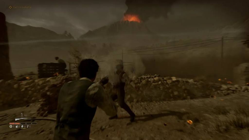 Персонаж стреляет в врага у каменной стены ночью