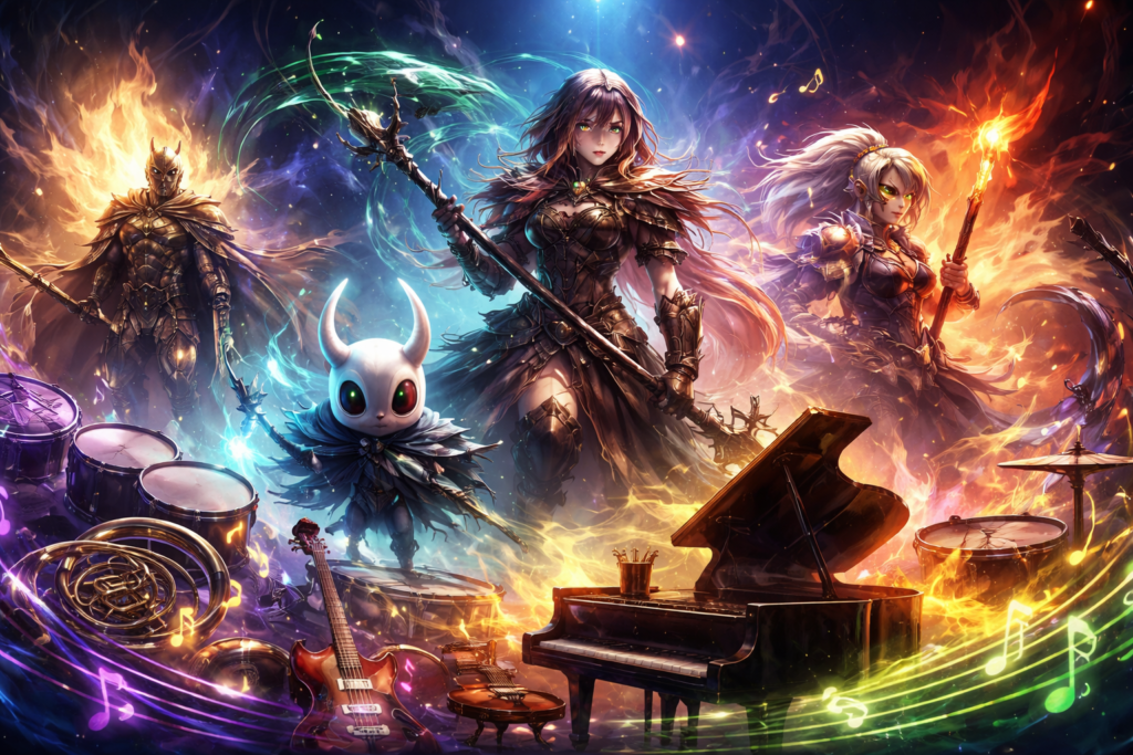 Фэнтези-герои с посохами стоят среди музыкальных инструментов
