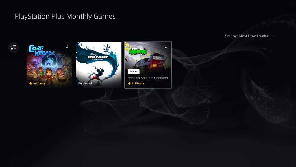 Меню PlayStation Plus показывает Core Keeper, Epic Mickey, NFS Unbound