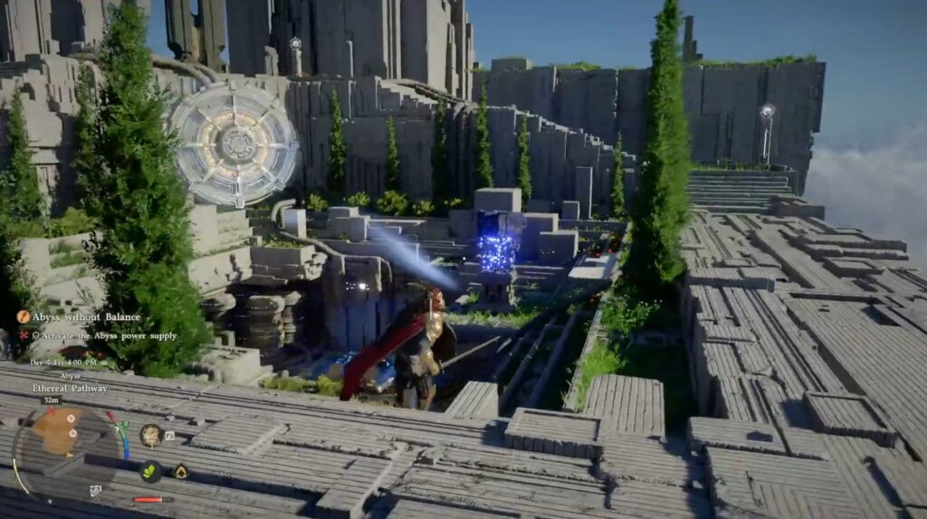 Персонаж в доспехах активирует синий портал в руинах