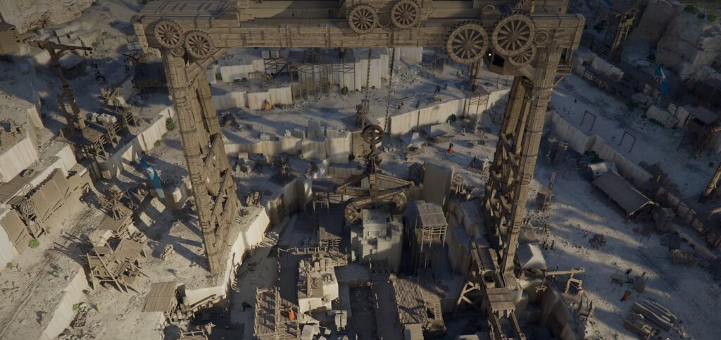 Каменный карьер с краном и деревянными лесами