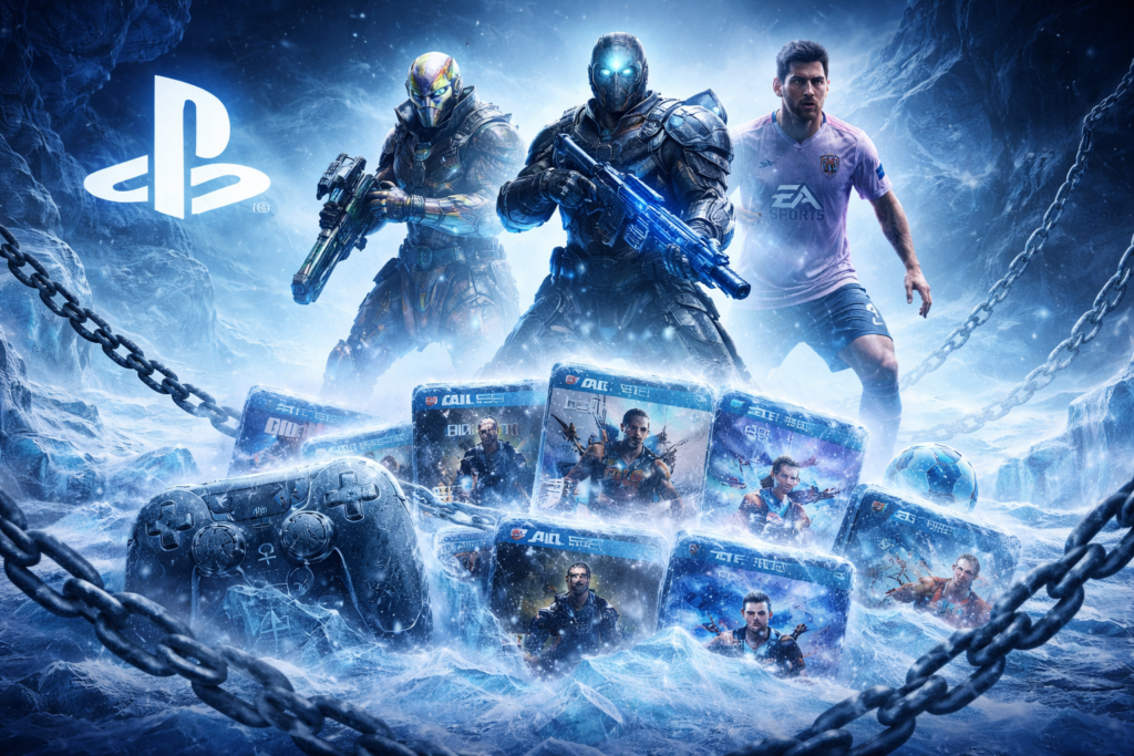 Логотип PlayStation и персонажи игр в ледяной пещере