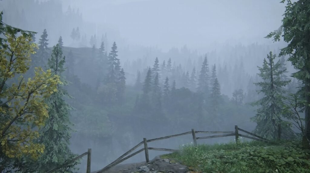 Деревянный забор стоит у туманного лесного озера