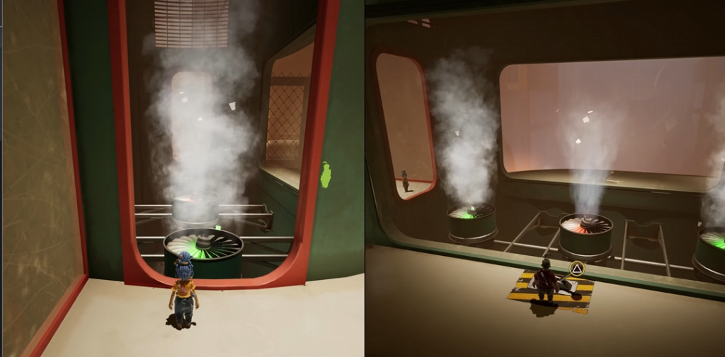 Коди и Мэй стоят у дымящихся вентиляторов в It Takes Two