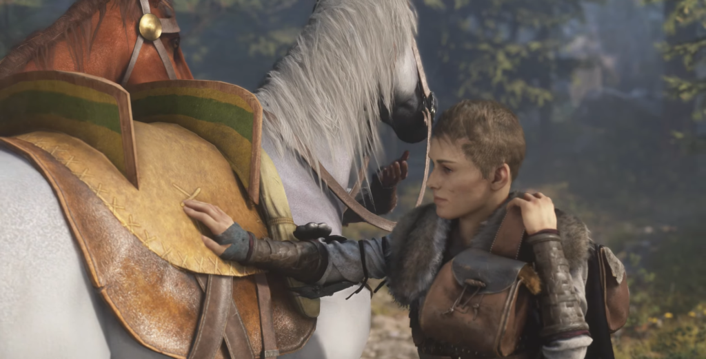 Девушка гладит белую лошадь в лесу