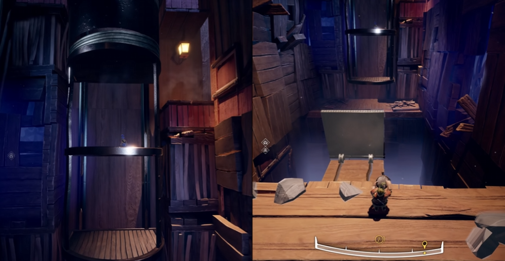 Персонаж It Takes Two стоит на деревянной платформе