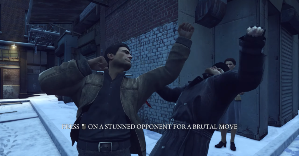 Томми Анджело бьёт противника в снежном переулке Mafia II