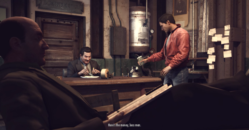 Мужчина в красной куртке передает деньги в офисе