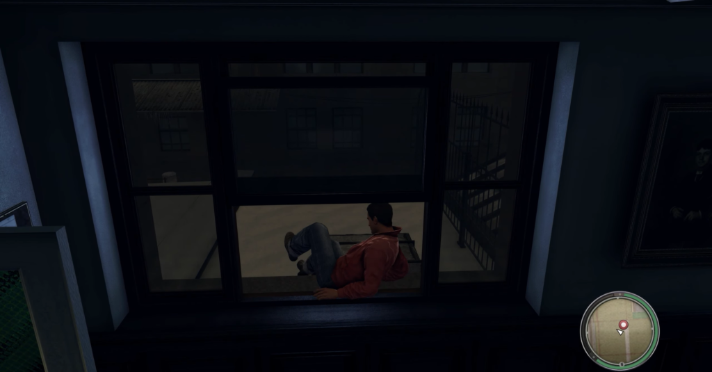 Персонаж в красной куртке лежит на подоконнике