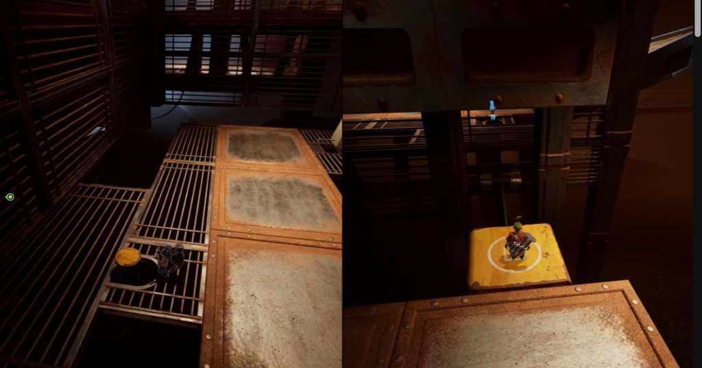 Персонажи It Takes Two стоят на платформах в шахте