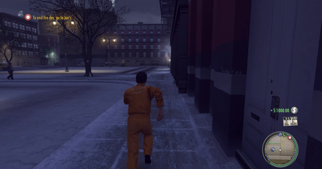 Вито Скалетта бежит по заснеженному тротуару ночью, Mafia II