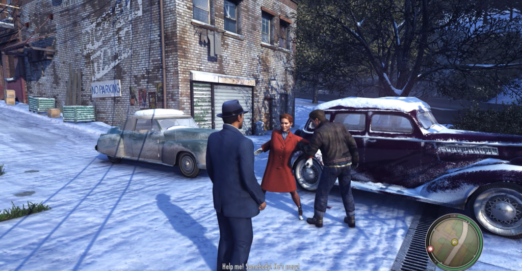 Томми Анджело из Mafia стоит у машин зимой