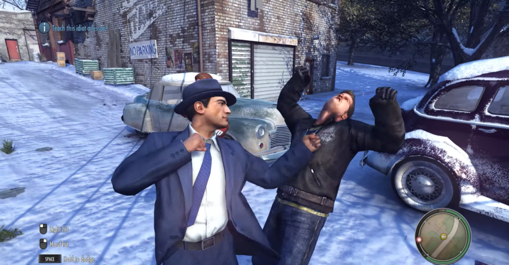 Вито Скалетта из Mafia II бьет мужчину на снегу