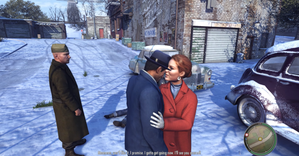 Женщина в красном пальто обнимает мужчину на снегу