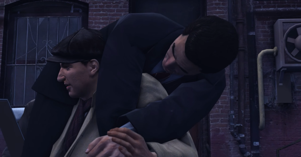 Мужчина душит другого у кирпичной стены ночью