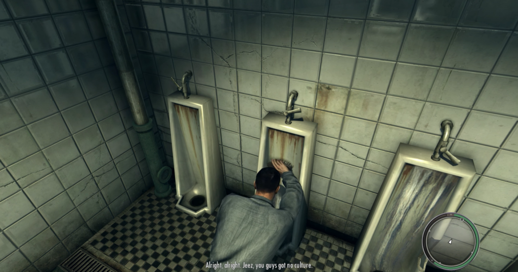 Мужчина блюет в писсуар в туалете игры Mafia II