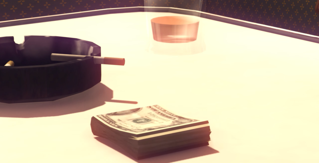 Пачка долларов лежит на столе рядом с пепельницей