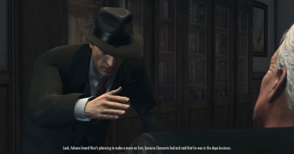 Мужчина в шляпе разговаривает в кабинете с книгами