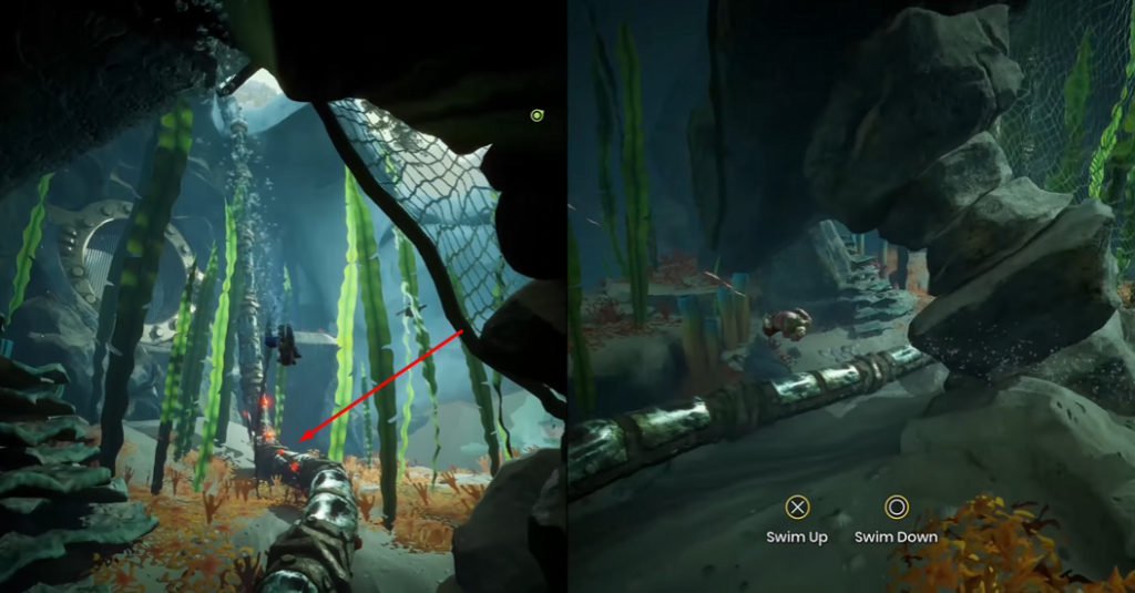 Персонажи плывут под водой среди водорослей и труб