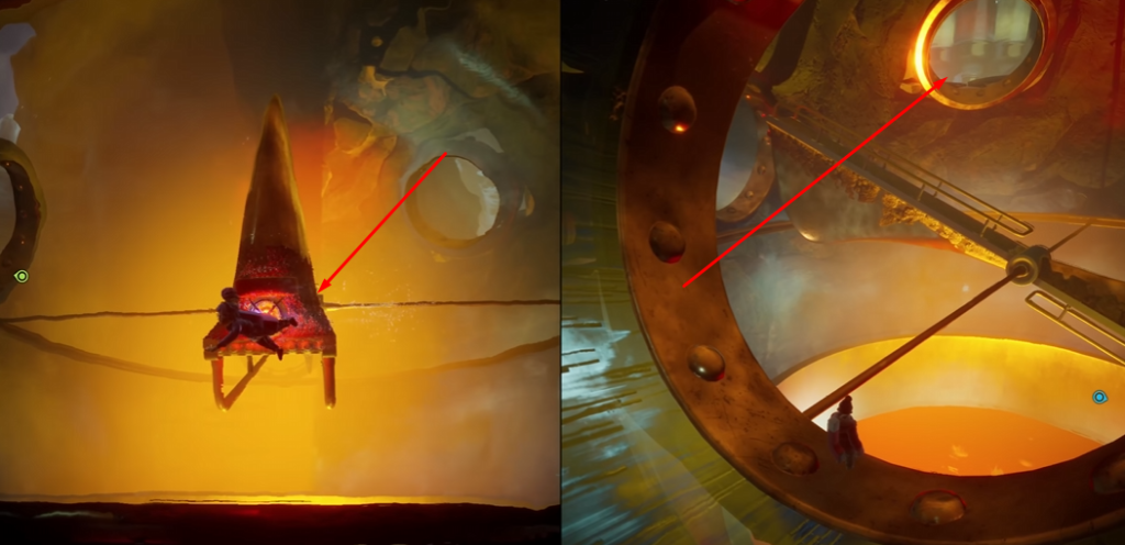 Персонаж стоит на механизме в оранжевой пещере