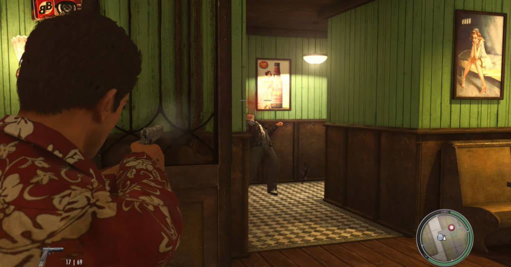 Вито Скалетта целится из пистолета в баре Mafia II