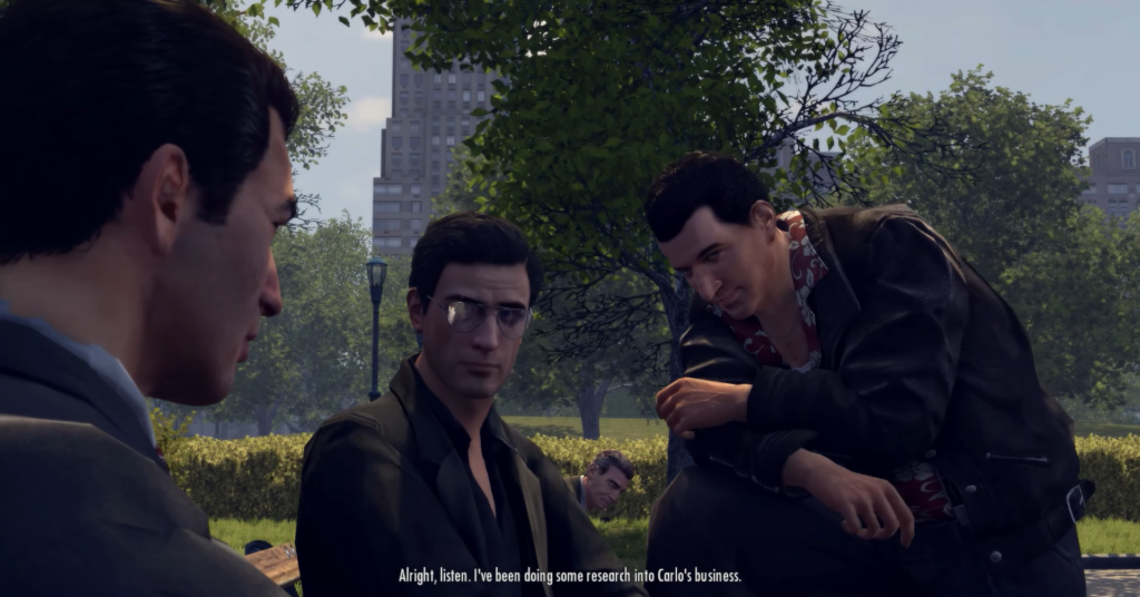Персонажи Mafia II разговаривают в парке среди деревьев