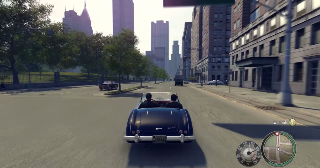 Mafia II: синяя машина едет по городской улице