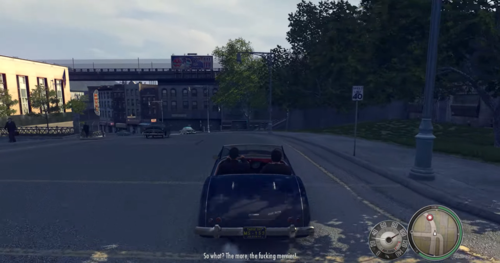 Машина едет по городской улице в Mafia II