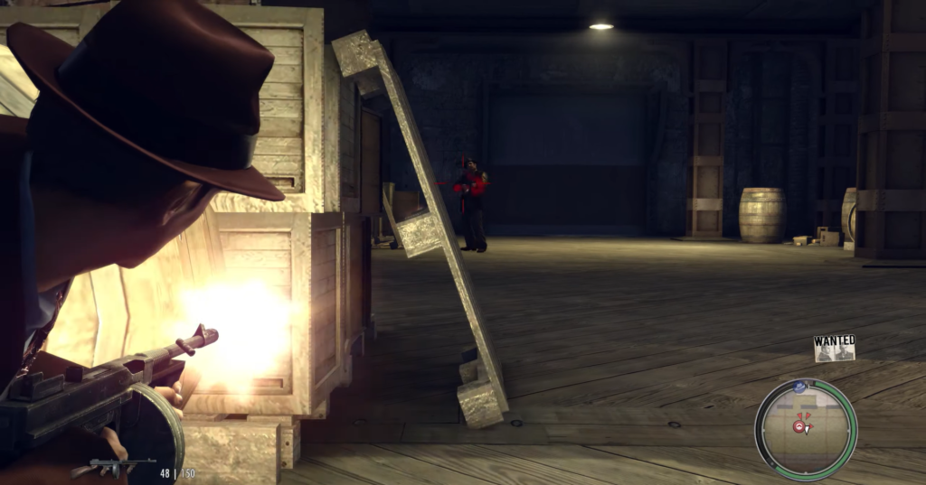 Персонаж стреляет из автомата в складе Mafia II