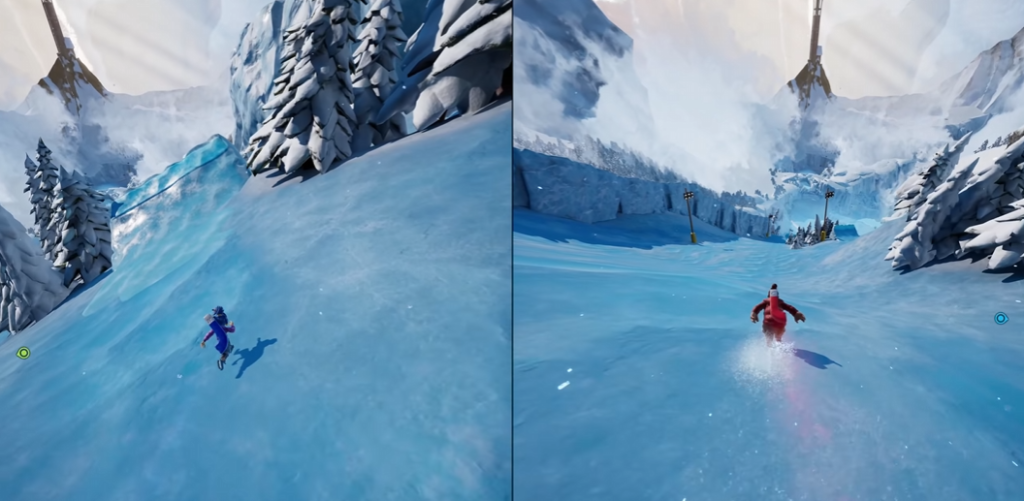 Два сноубордиста спускаются по синему снежному склону