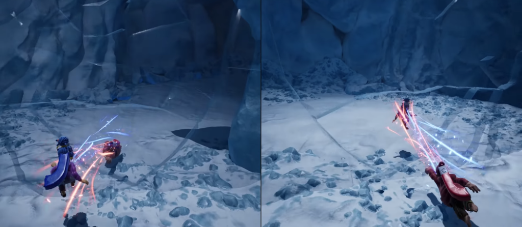 Два персонажа стреляют лучами в ледяной пещере