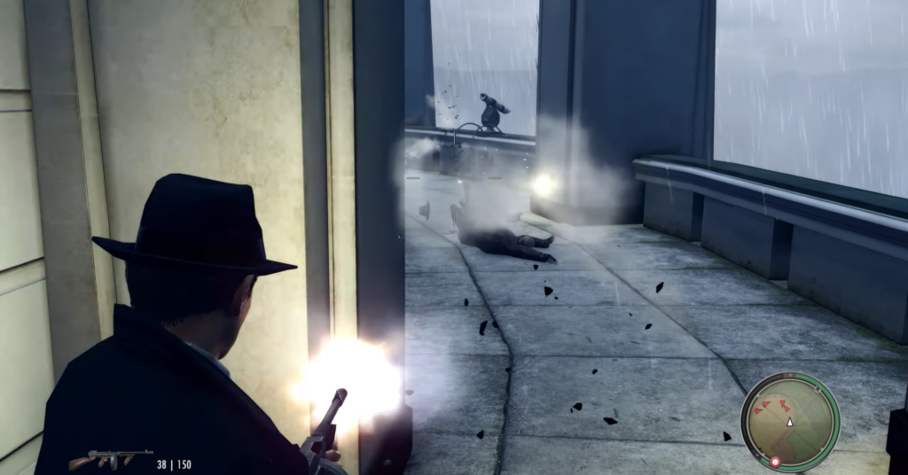 Персонаж стреляет из пистолета на крыше под дождем