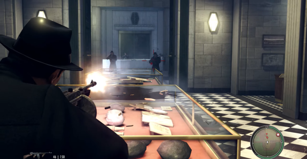 Персонаж стреляет из автомата в здании банка