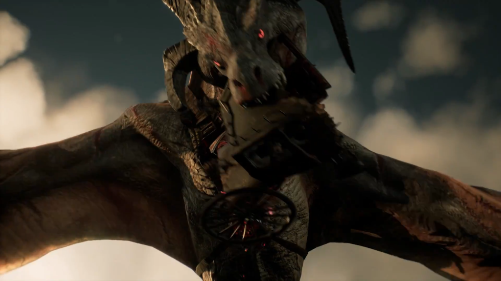 Дракон летит в небе, держит человека в пасти