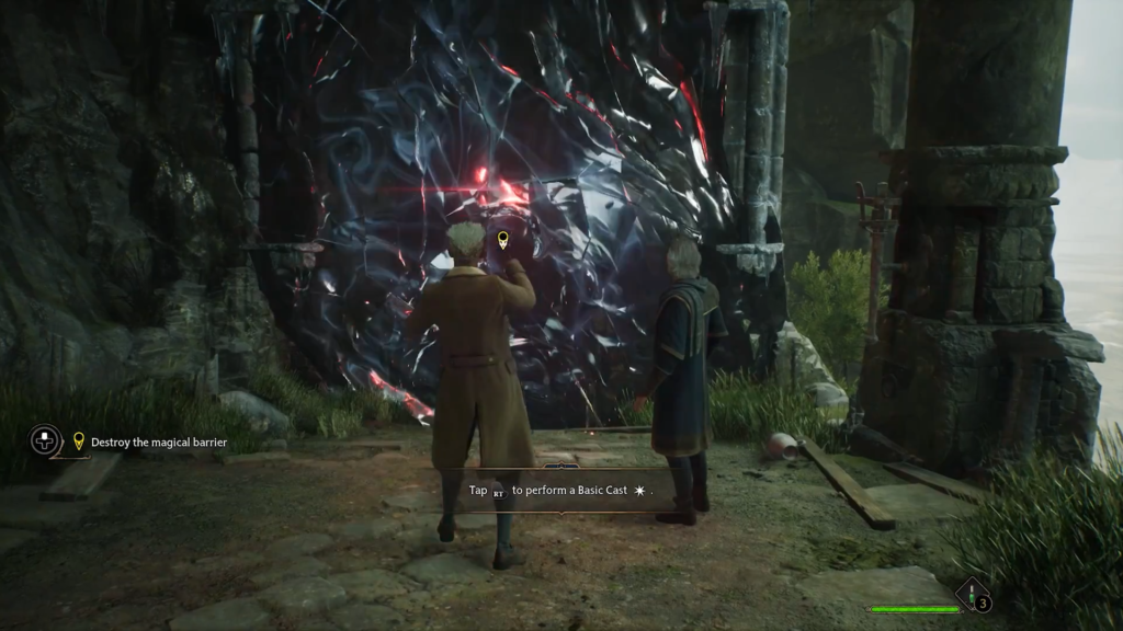 Волшебник разрушает магический барьер у руин в Hogwarts Legacy