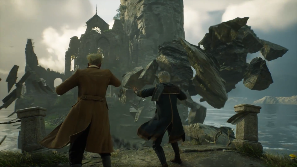 Волшебники сражаются с каменным големом у руин замка