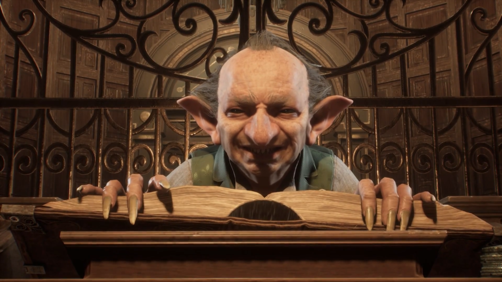 Гоблин читает книгу за деревянной кафедрой в библиотеке