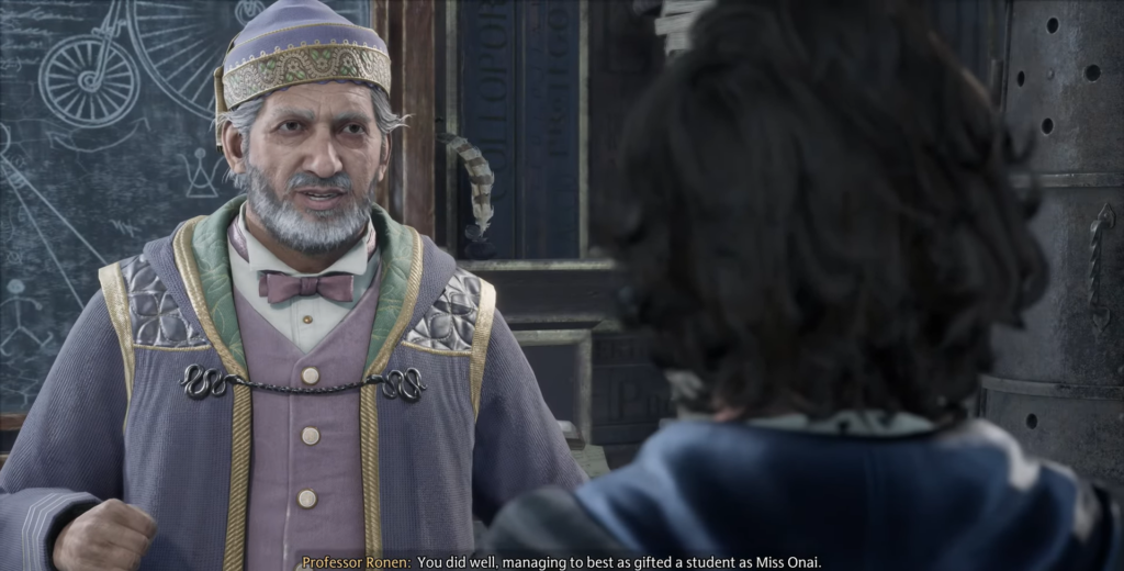 Профессор Ронен говорит со студентом в классе Hogwarts Legacy