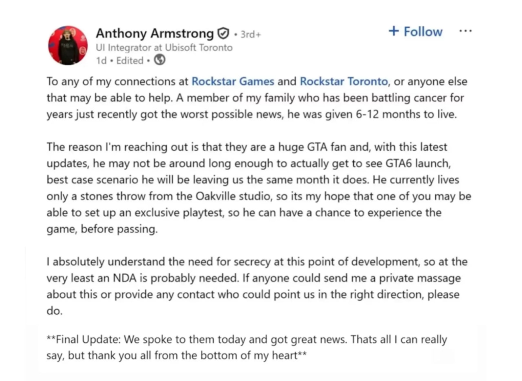 Пост Anthony Armstrong в LinkedIn о GTA 6