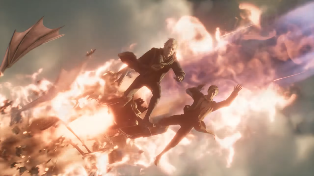 Два человека падают на фоне огненного взрыва в небе