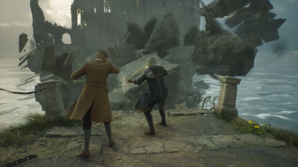 Два волшебника отражают камни у руин у моря