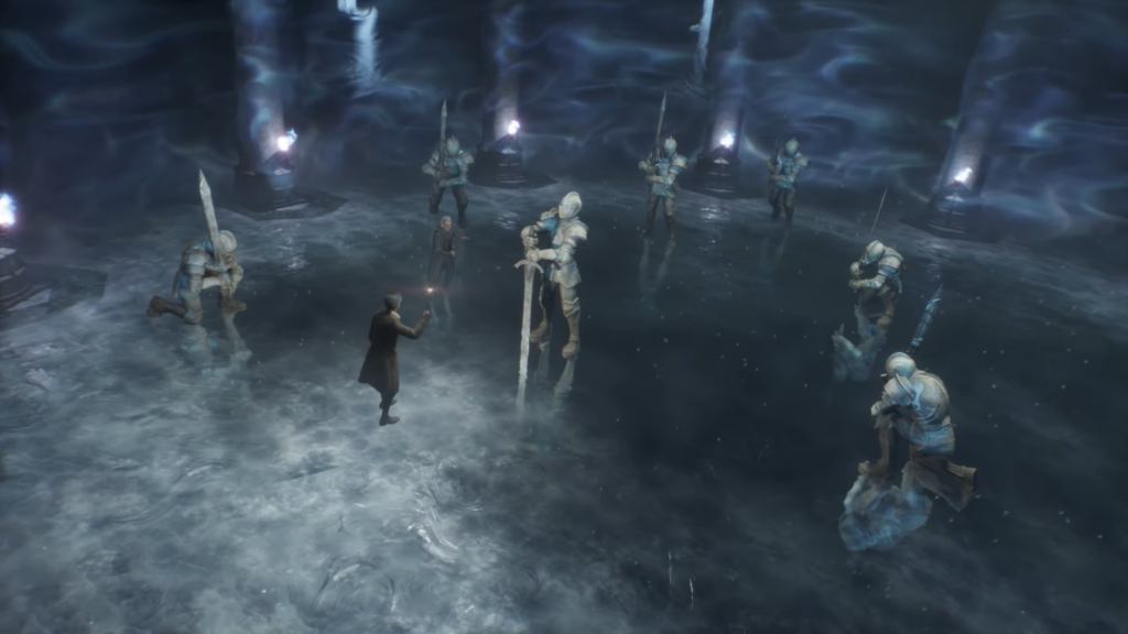 Маг в чёрном плаще против рыцарей на льду