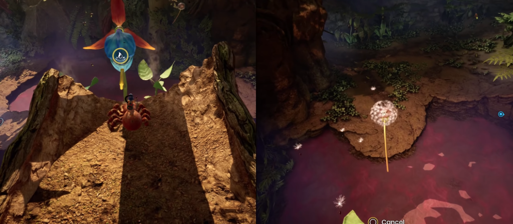 Персонаж едет на крабе у обрыва в лесу