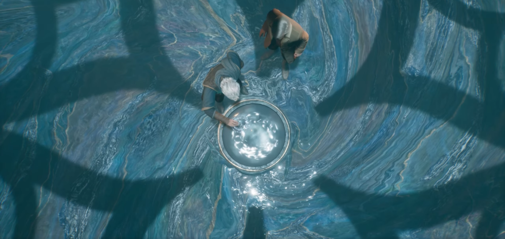 Два человека смотрят в круглый бассейн на полу