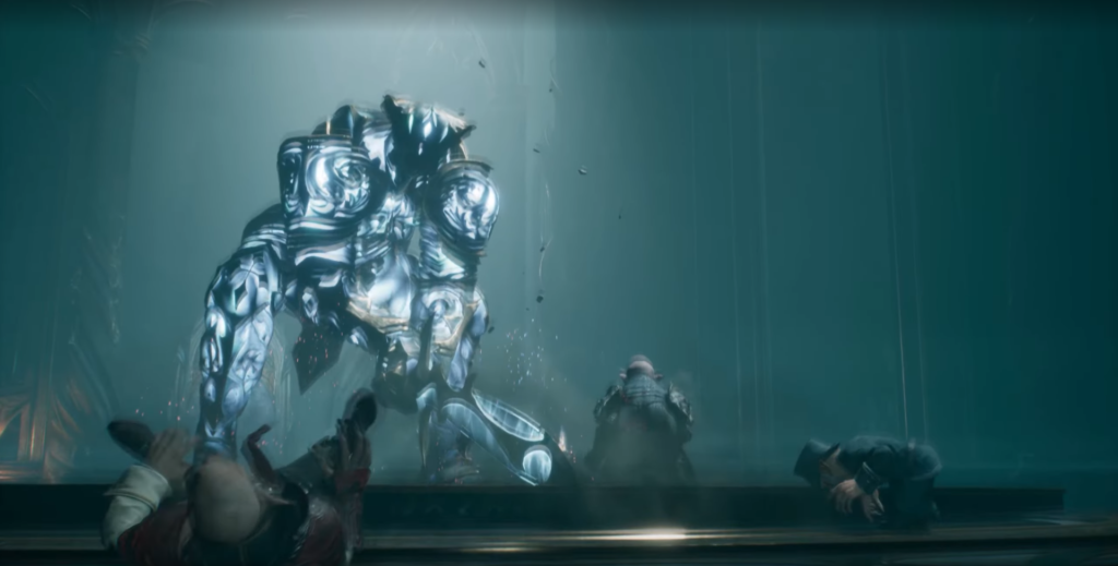 Серебристый робот атакует людей в тёмном зале