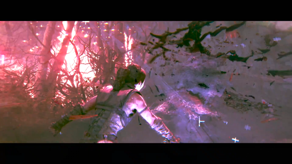 Персонаж падает в лесу среди розового света