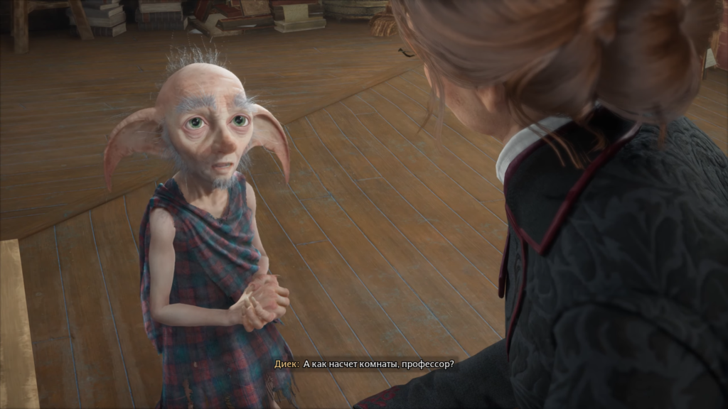 Домовой Дик разговаривает со студенткой в комнате Хогвартса